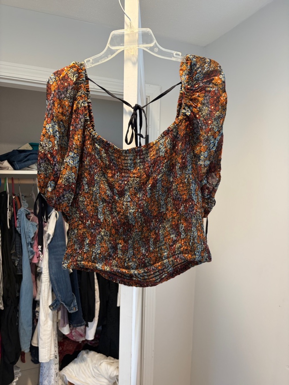 Free People Floral Smocked Puff-Sleeve Crop Top - Multicolor